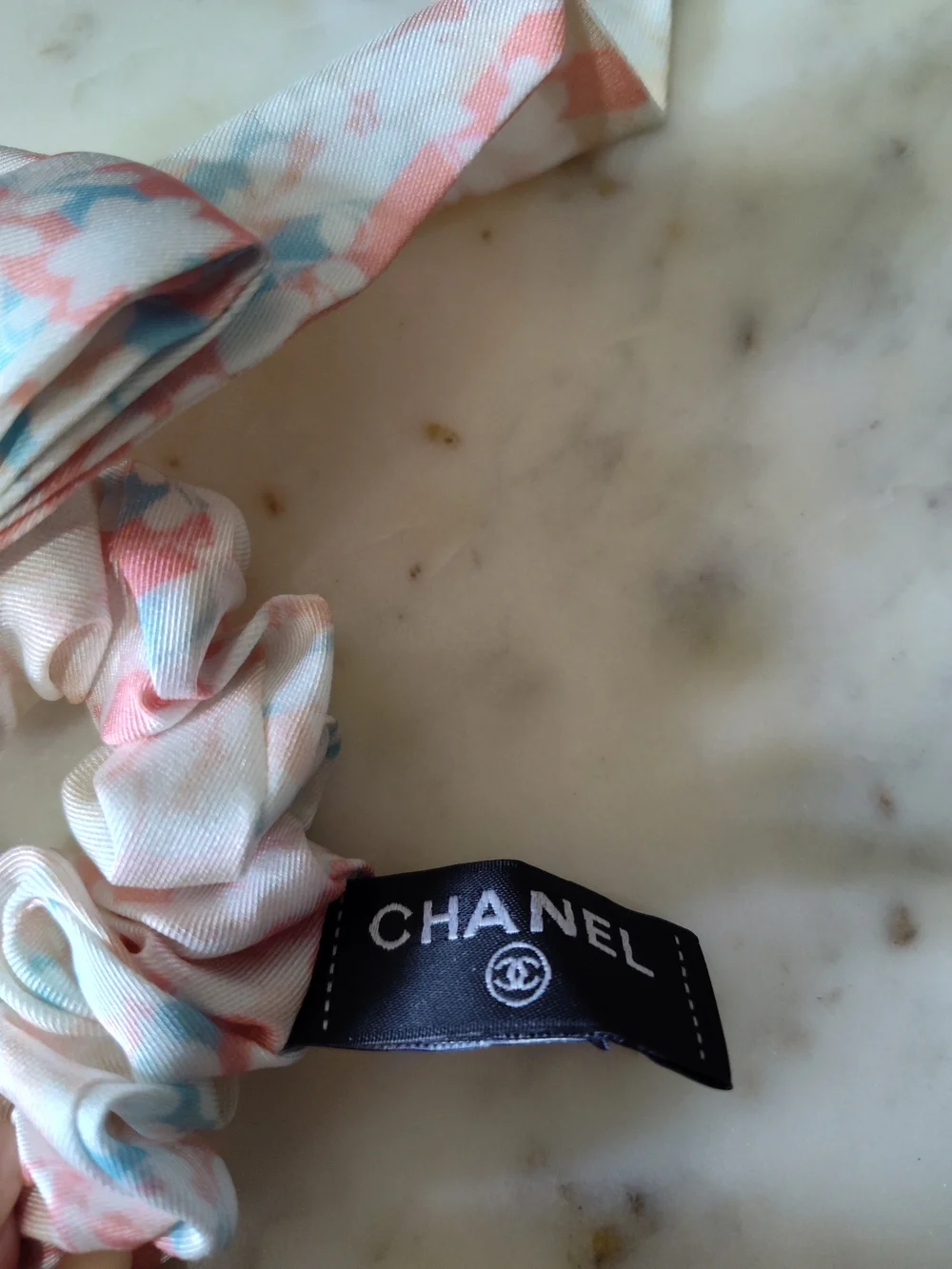 CHANEL Silk Bow Scrunchie Hair Tie Pink Blue Gold CC 100% Silk NIB NWT